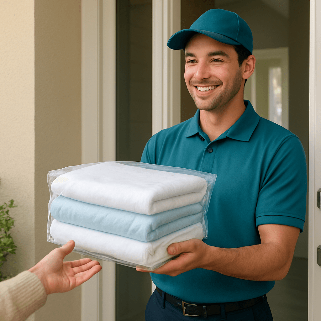 A Wash Fold Go employee handing a clean, folded laundry delivery bag to a customer at their front door